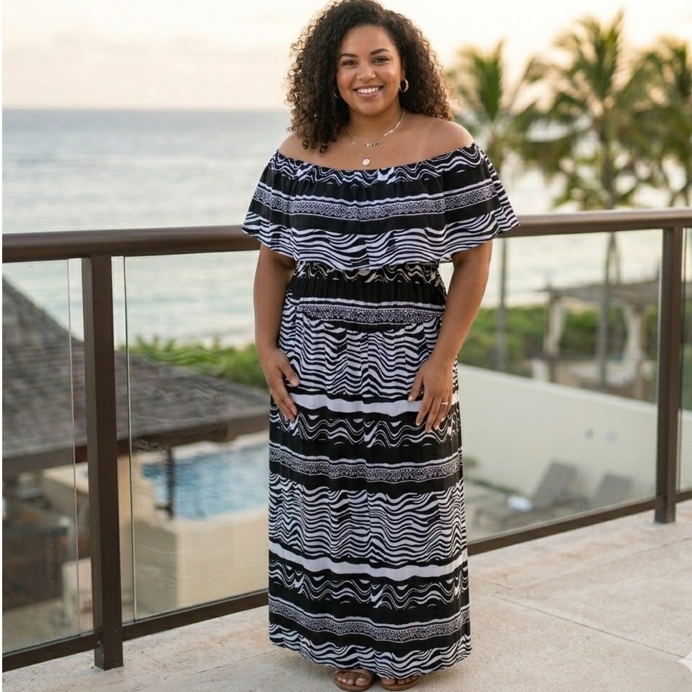 Ashley Stewart NWT Boho Dress 14/16 Maxi Plus Size Black White Abstract Ruffle